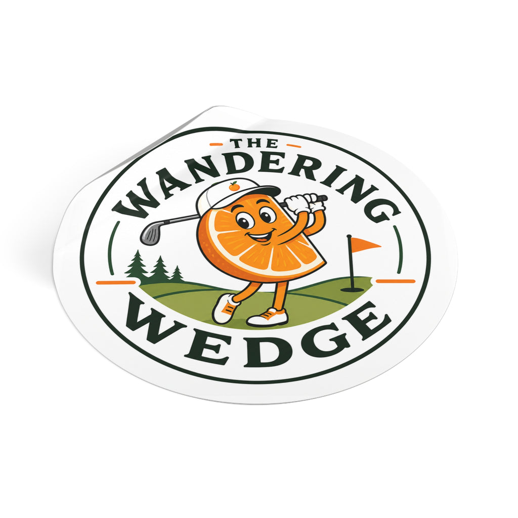 The Wandering Wedge Golf Sticker — Cute Orange Slice Golfer Round Vinyl Sticker