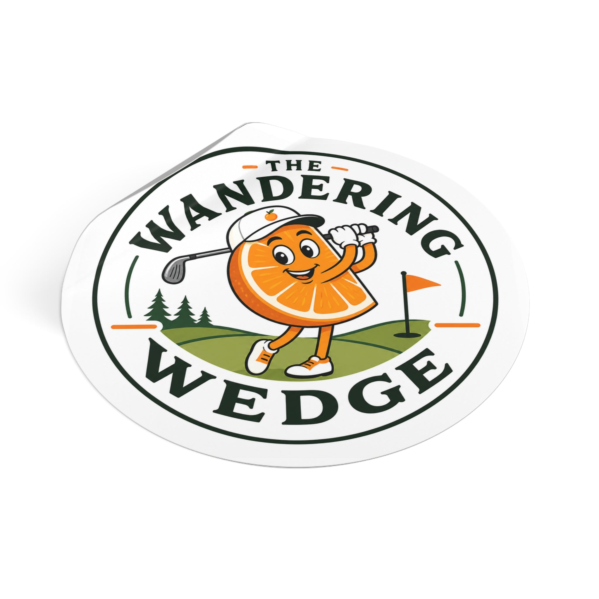 The Wandering Wedge Golf Sticker — Cute Orange Slice Golfer Round Vinyl Sticker