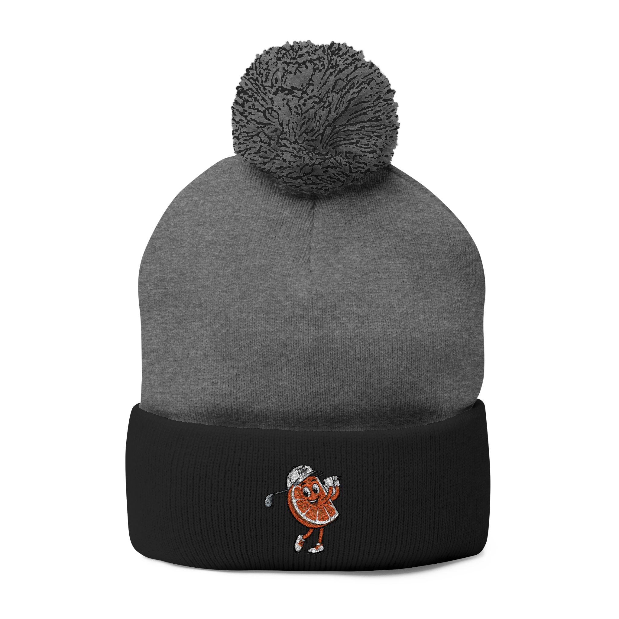 Embroidered Pom-Pom Beanie — Cute Orange Slice Character Knit Cap