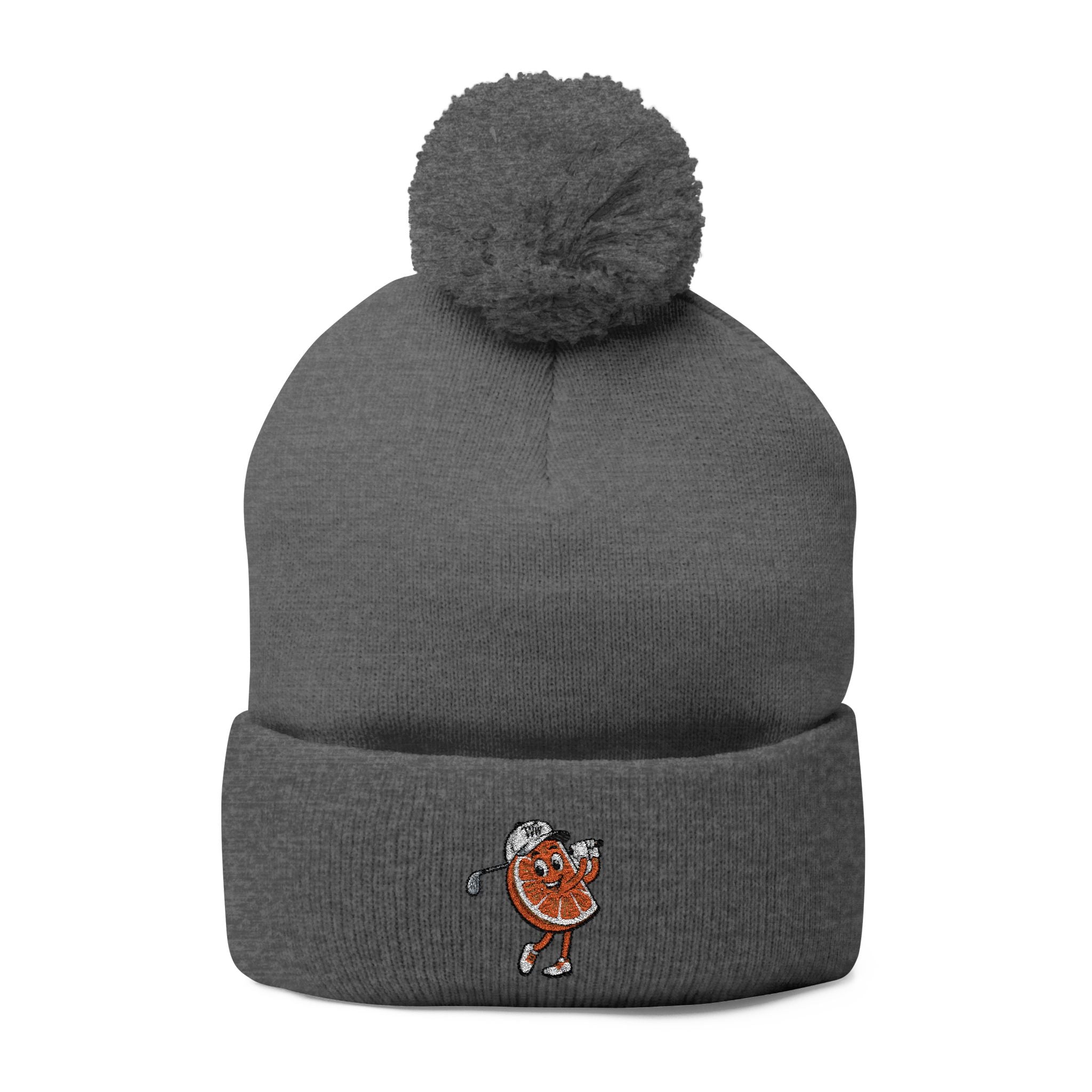 Embroidered Pom-Pom Beanie — Cute Orange Slice Character Knit Cap