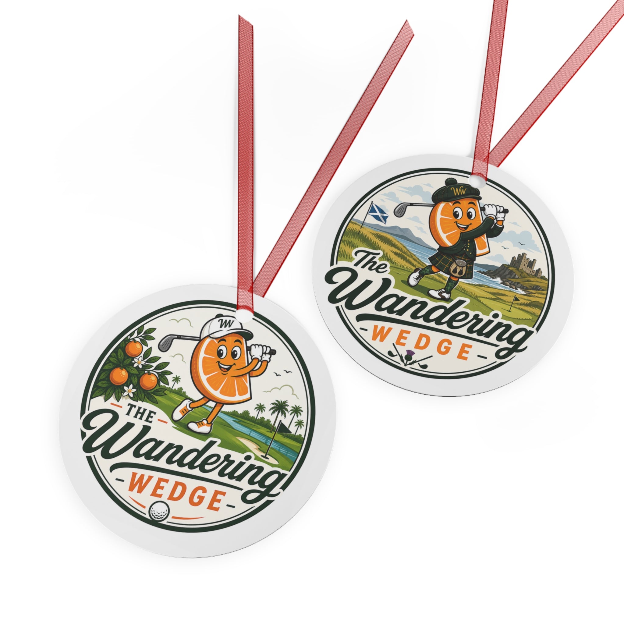 The Wandering Wedge Metal Ornament — Funny Golf Orange Slice Holiday Decoration