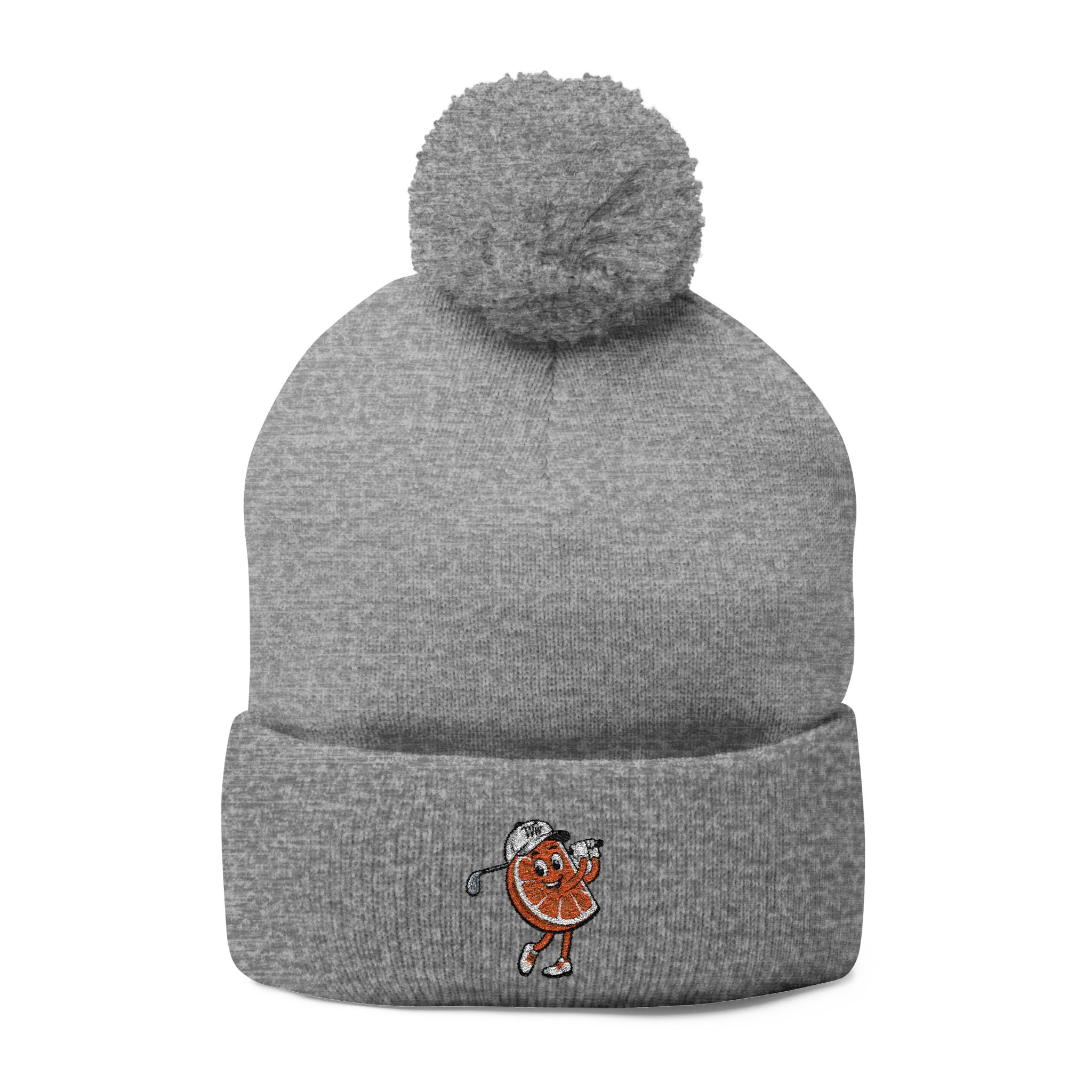 Embroidered Pom-Pom Beanie — Cute Orange Slice Character Knit Cap