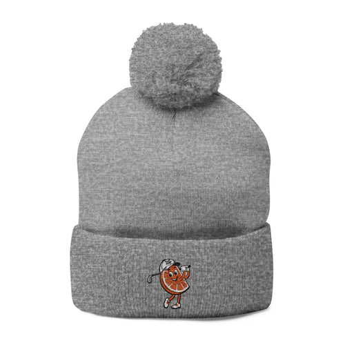 Embroidered Pom-Pom Beanie — Cute Orange Slice Character Knit Cap