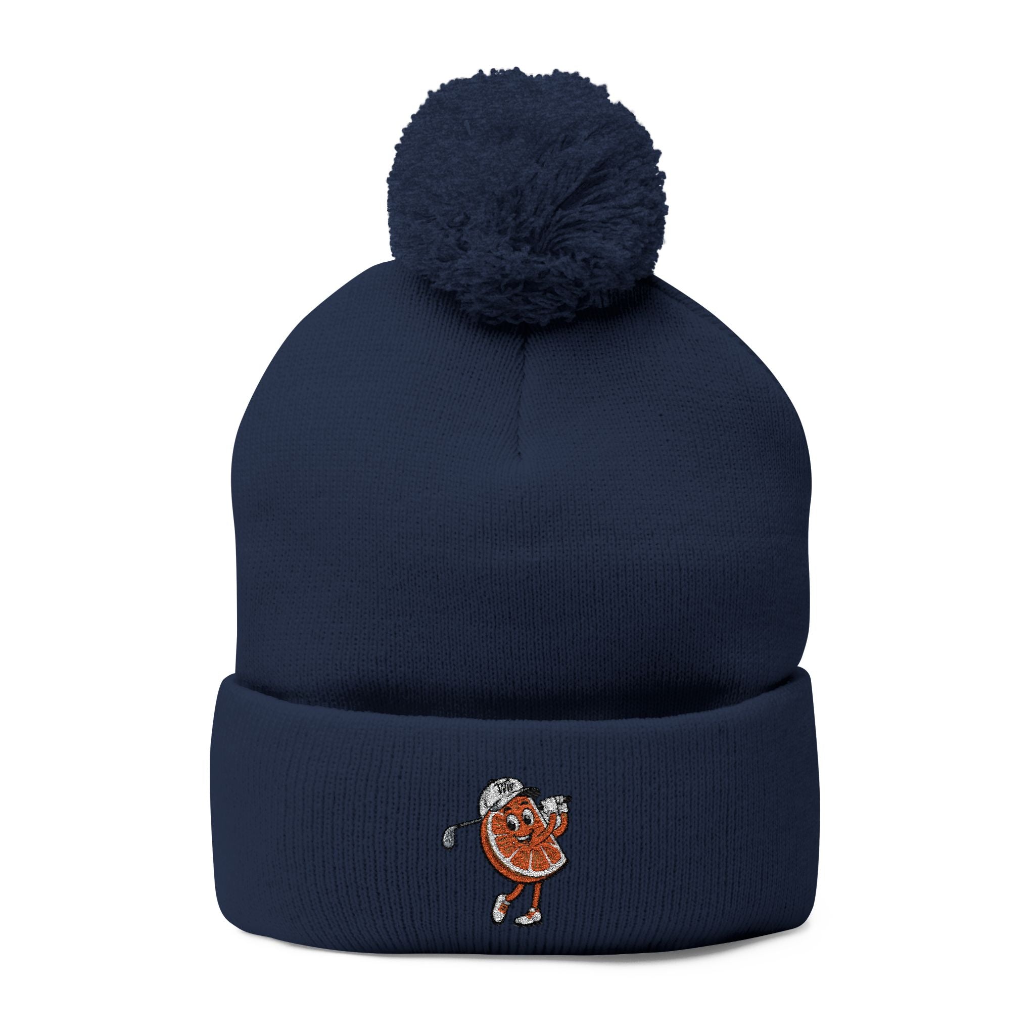 Embroidered Pom-Pom Beanie — Cute Orange Slice Character Knit Cap