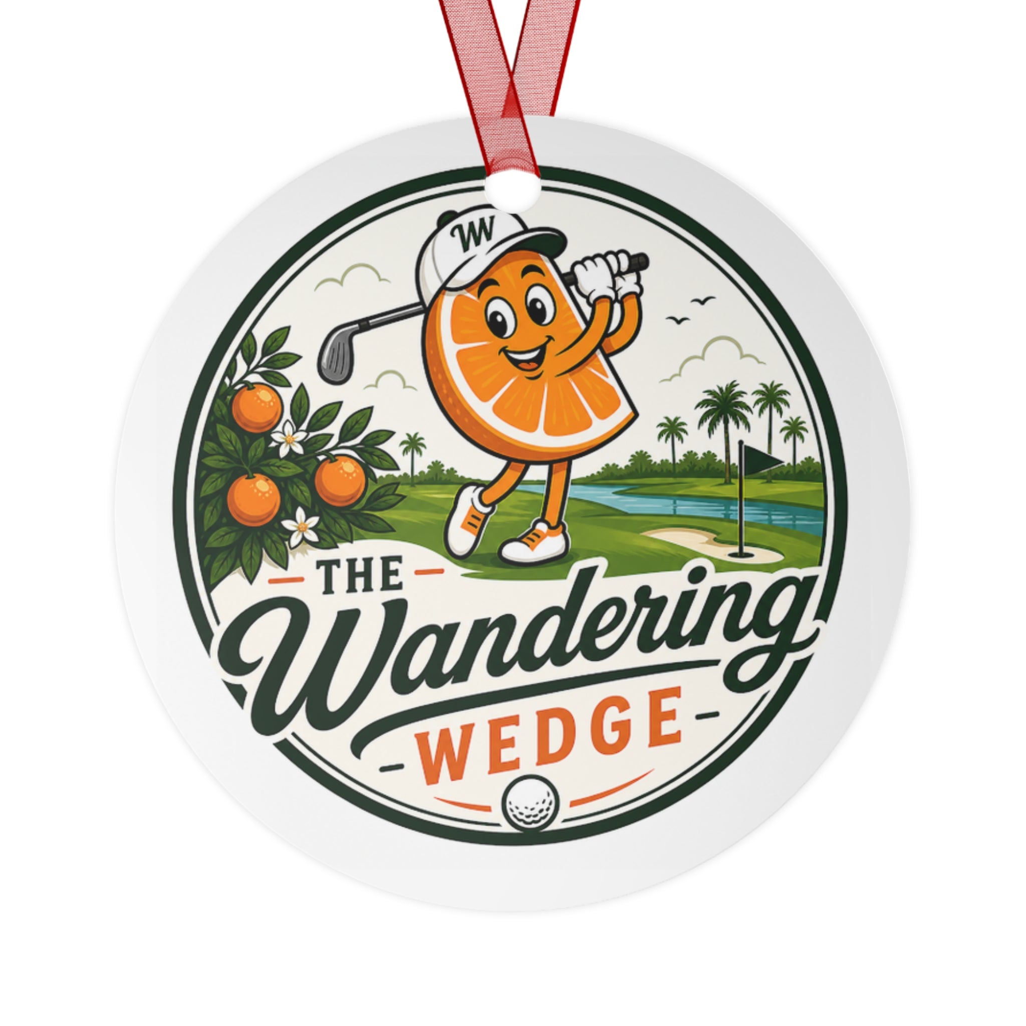 The Wandering Wedge Metal Ornament — Funny Golf Orange Slice Holiday Decoration