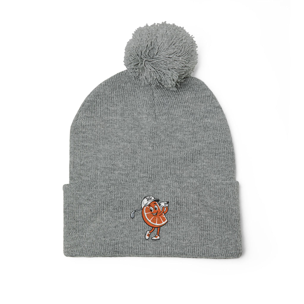 Embroidered Pom-Pom Beanie — Cute Orange Slice Character Knit Cap