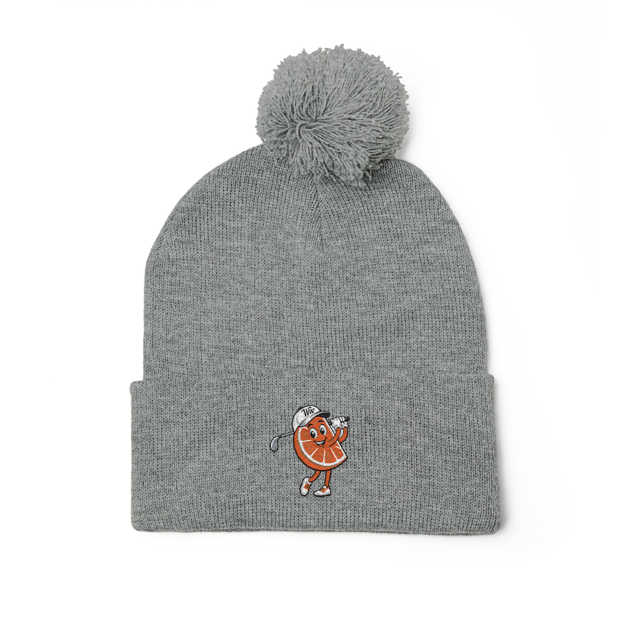 Embroidered Pom-Pom Beanie — Cute Orange Slice Character Knit Cap