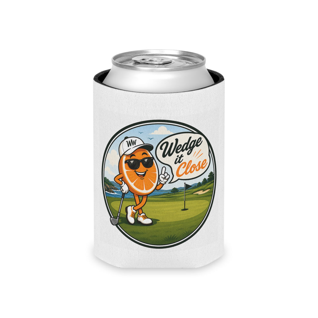 Wedge It Close Golf Can Cooler – Retro Orange Slice Mascot Beer Koozie