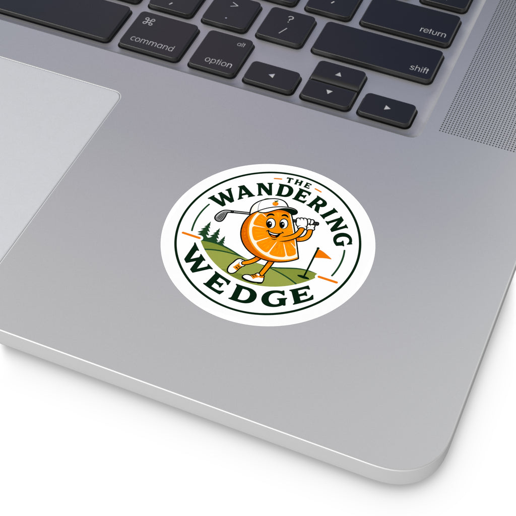 The Wandering Wedge Golf Sticker — Cute Orange Slice Golfer Round Vinyl Sticker
