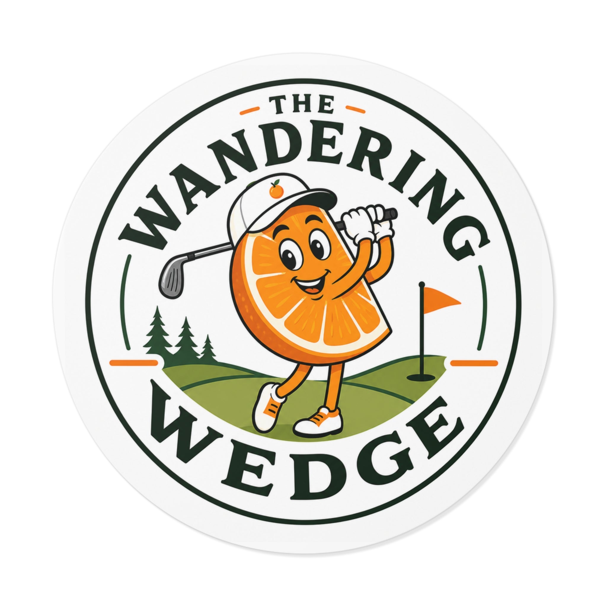 The Wandering Wedge Golf Sticker — Cute Orange Slice Golfer Round Vinyl Sticker
