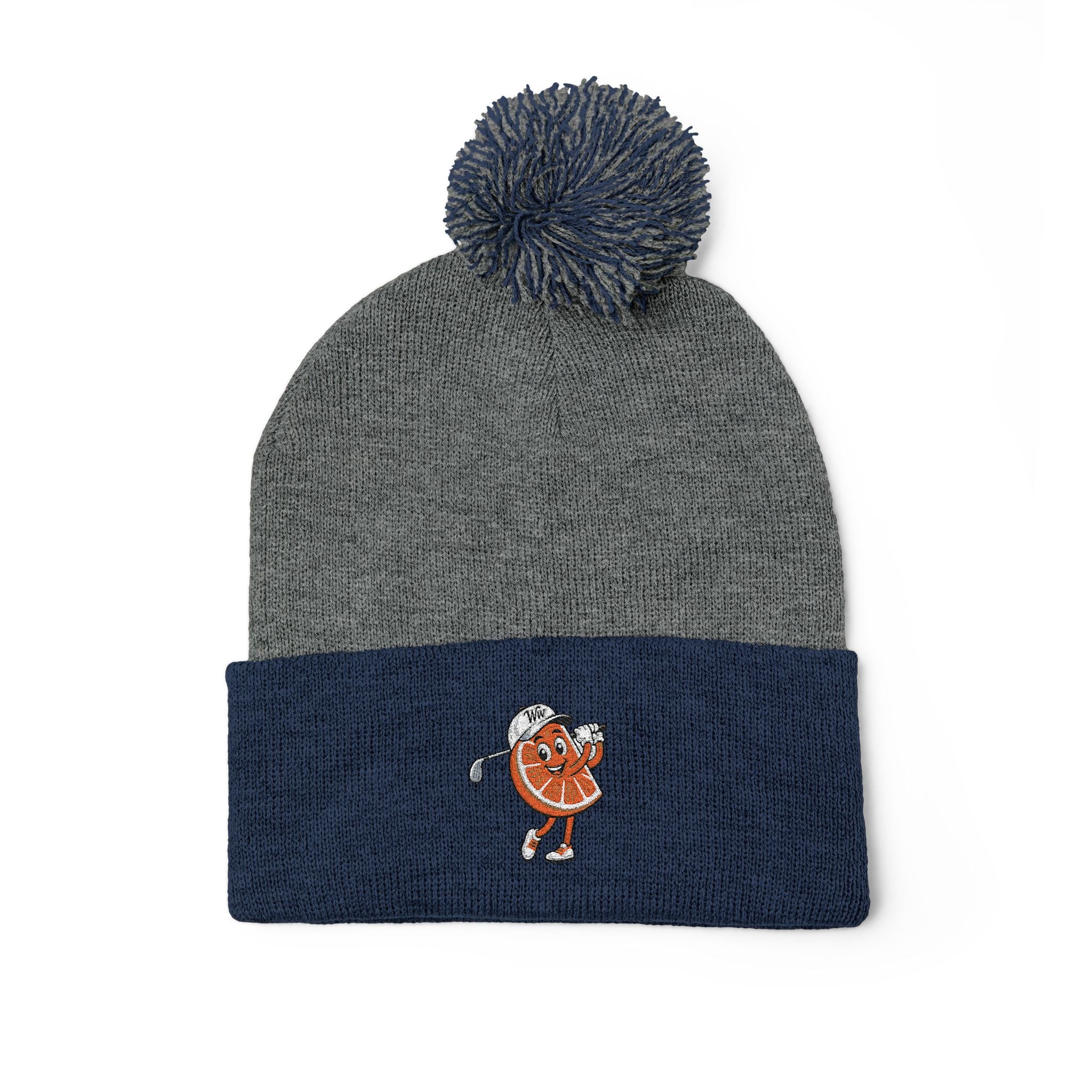 Embroidered Pom-Pom Beanie — Cute Orange Slice Character Knit Cap