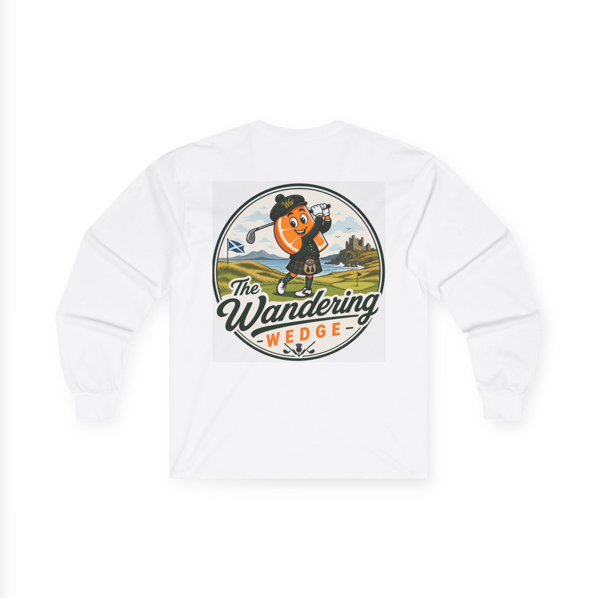 The "Scottish" Wandering Wedge Golf Long Sleeve Tee — Vintage Orange Mascot Back Print