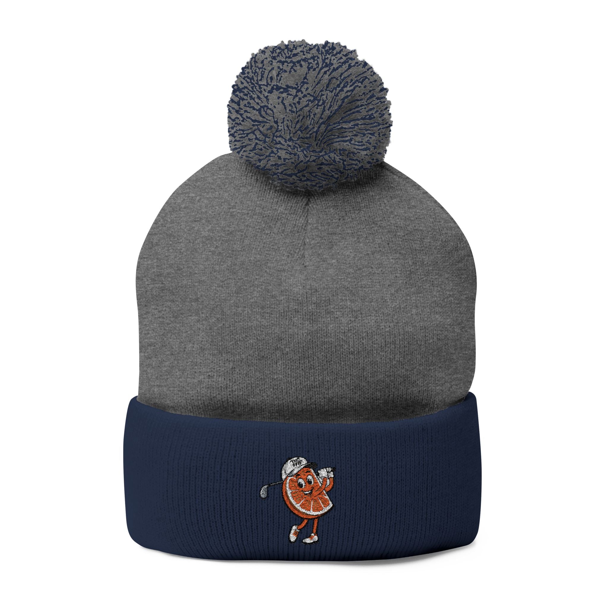 Embroidered Pom-Pom Beanie — Cute Orange Slice Character Knit Cap