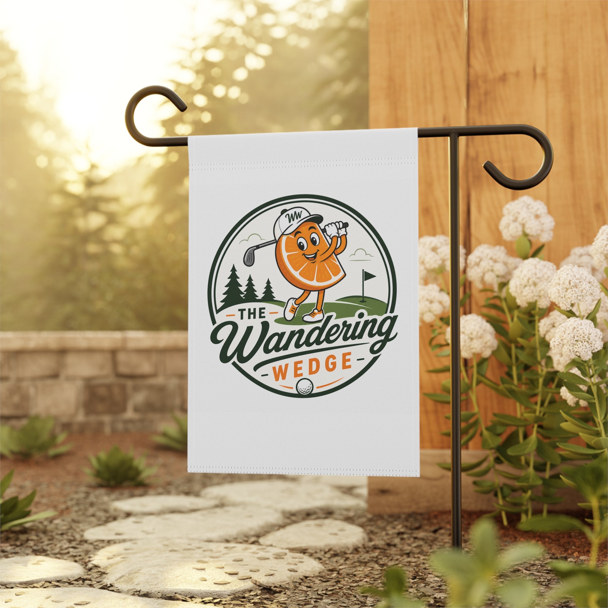 Garden Flag — “The Wandering Wedge” Golf Orange Character Garden & House Banner