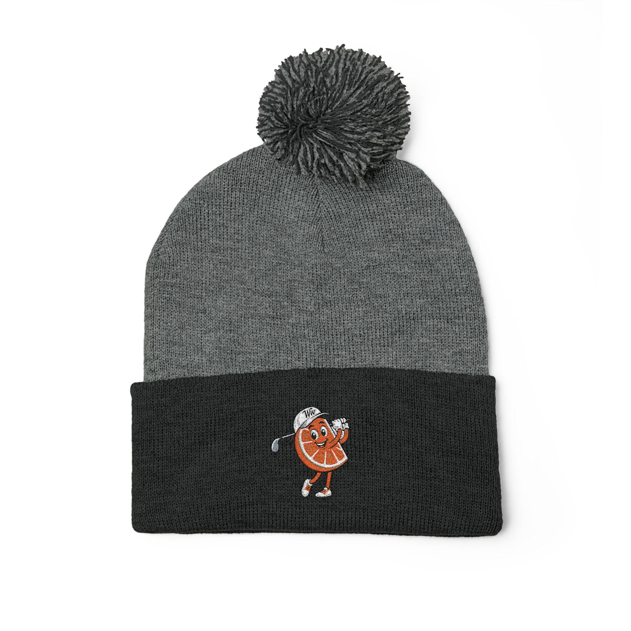 Embroidered Pom-Pom Beanie — Cute Orange Slice Character Knit Cap