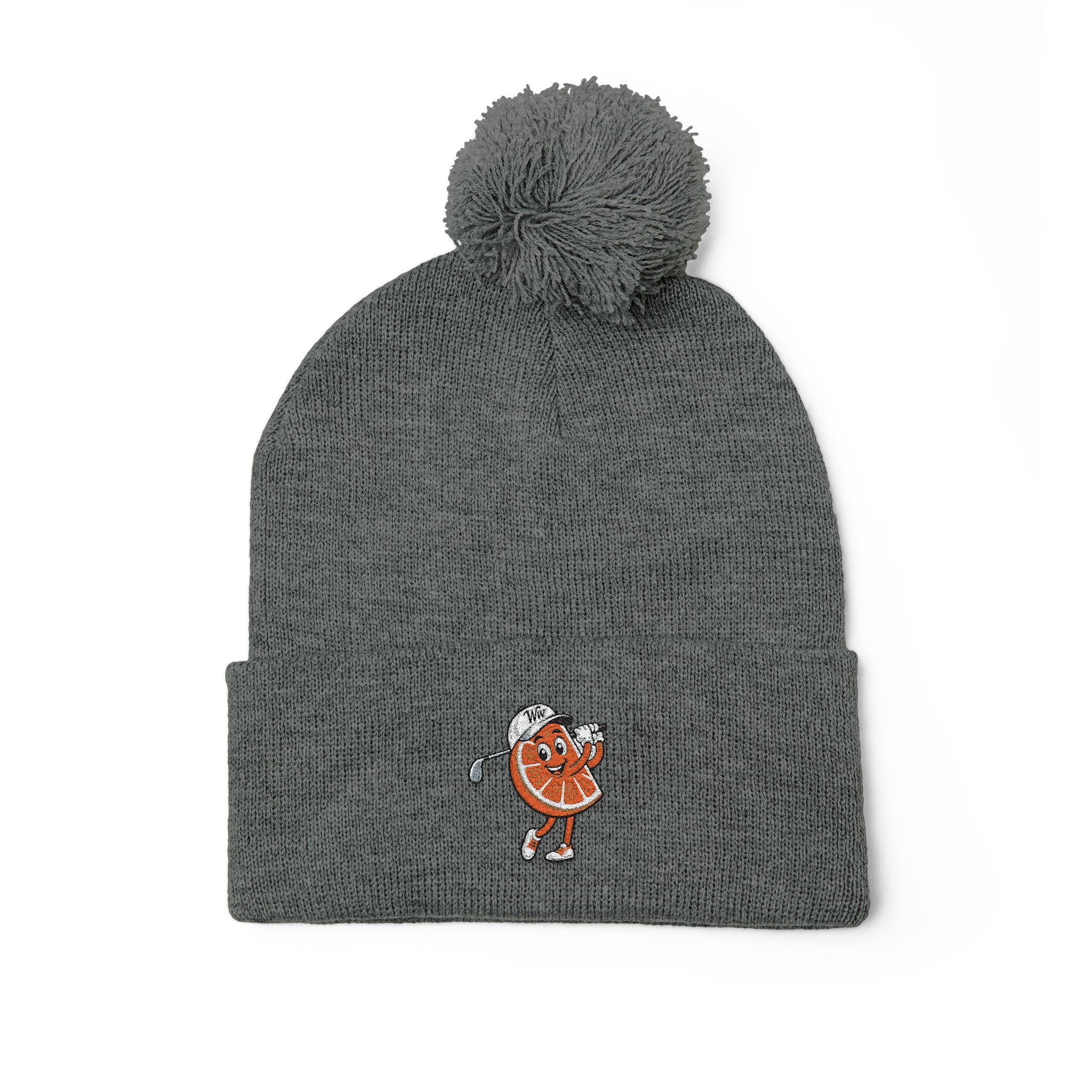 Embroidered Pom-Pom Beanie — Cute Orange Slice Character Knit Cap