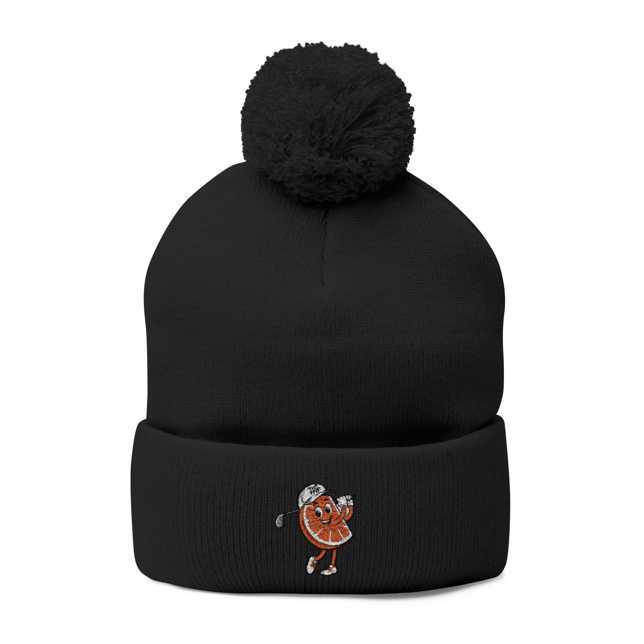 Embroidered Pom-Pom Beanie — Cute Orange Slice Character Knit Cap