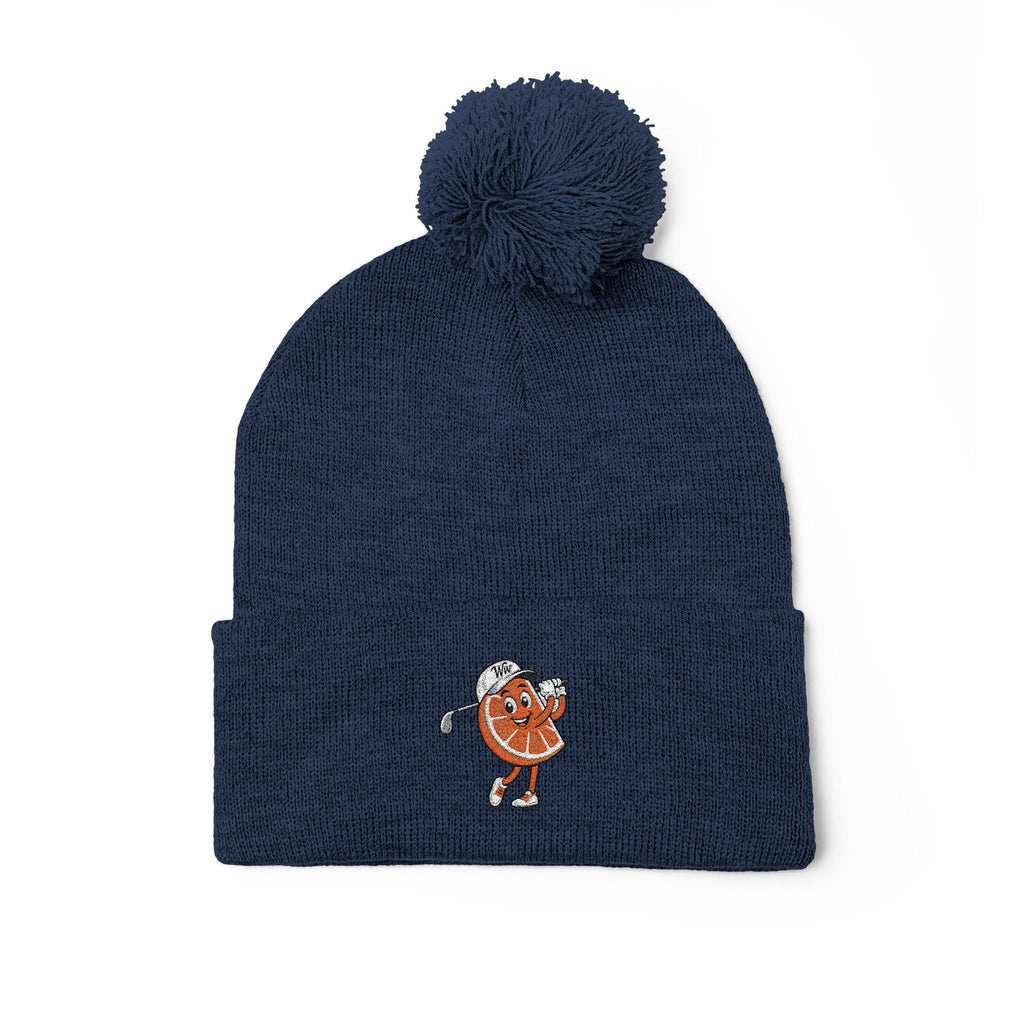 Embroidered Pom-Pom Beanie — Cute Orange Slice Character Knit Cap