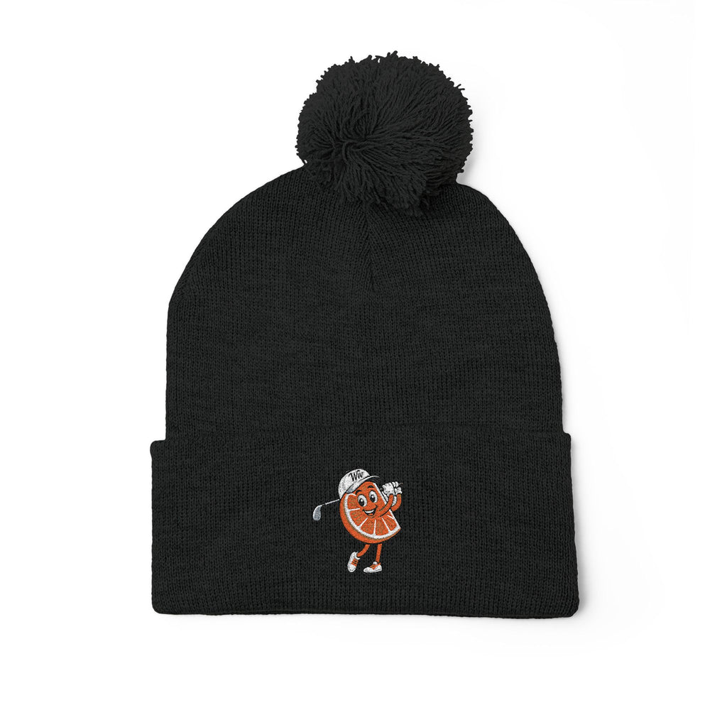 Embroidered Pom-Pom Beanie — Cute Orange Slice Character Knit Cap