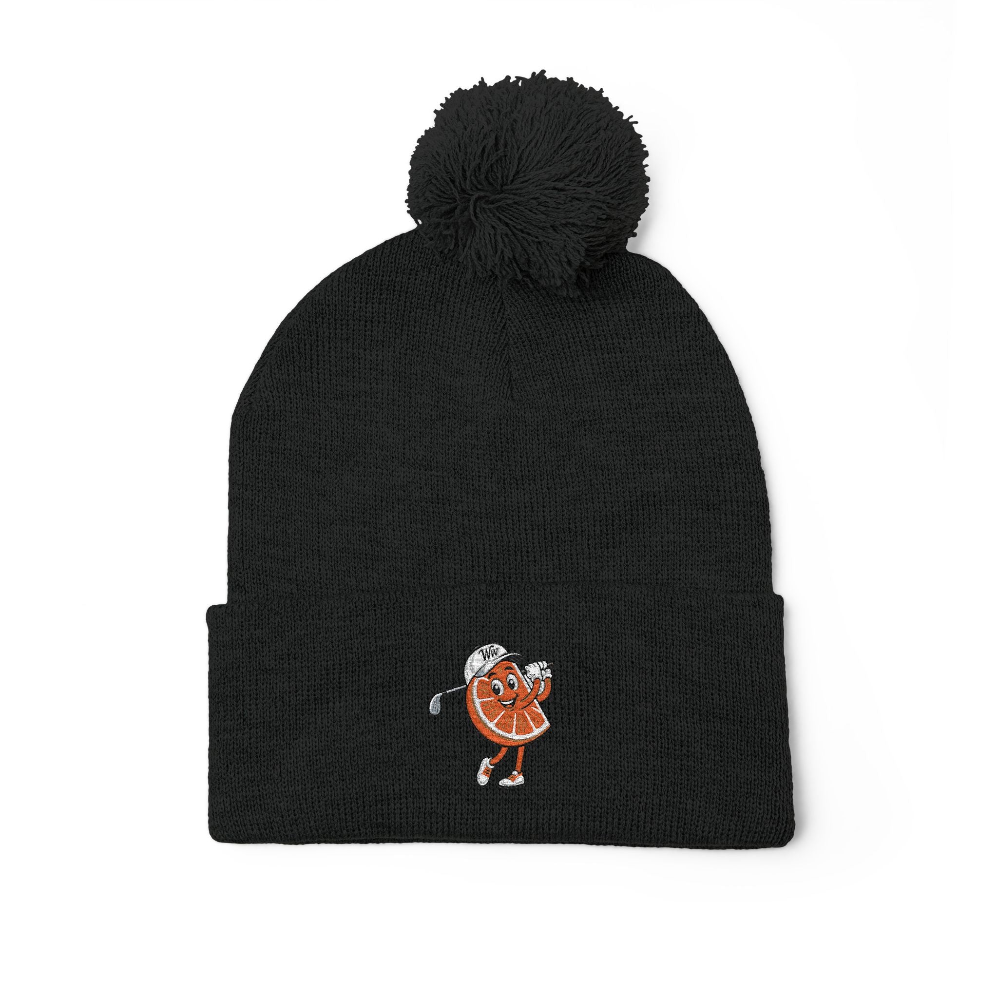 Embroidered Pom-Pom Beanie — Cute Orange Slice Character Knit Cap